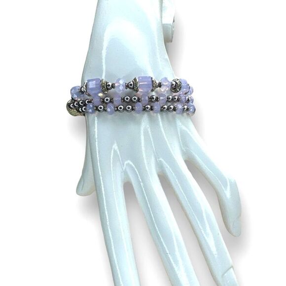 Three Strands Opalite w/ Faux Pearl Beaded Bracelet Rhinestones Magnetic Closure - Picture 2 of 10